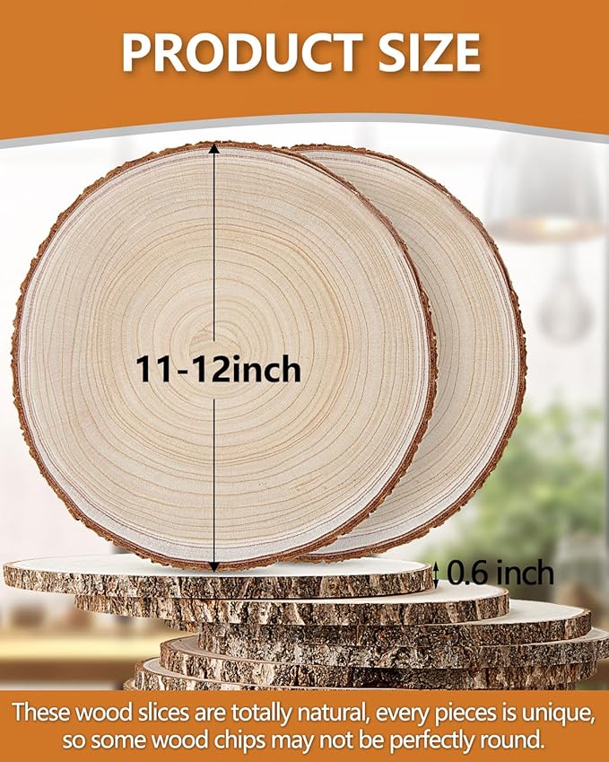 Set of (10) 11-12 Inches Large Wood Slices, Wood Centerpieces for Tables, Wood Slices for Centerpieces, Unfinished Wood Rounds for Wedding, Baby Shower, Party, Natural Paulownia Wooden Slabs