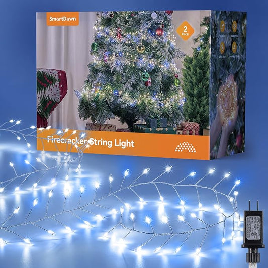 Fairy Lights Plug in, 10ft 200LED Cluster String Lights - Twinkle Copper Wire Christmas Tree Lights Waterproof for Bedroom Decor, Indoor/Outdoor Party, Patio, Garden，Blue White，2pack