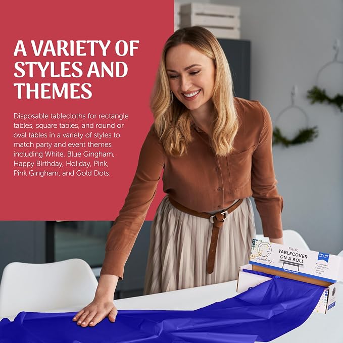 Grandipity Blue Plastic Tablecloth Roll, 54x100’ Rectangular, Disposable with Cutter Box, for Parties & Events