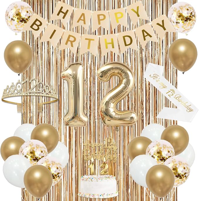 Trgowaul 12th Birthday Decorations for Girls, Banner, Sash and Crown, Cake Topper, 12 Number Balloon, Fringe Curtains, Champagne Gold 12th Birthday Party Supplies