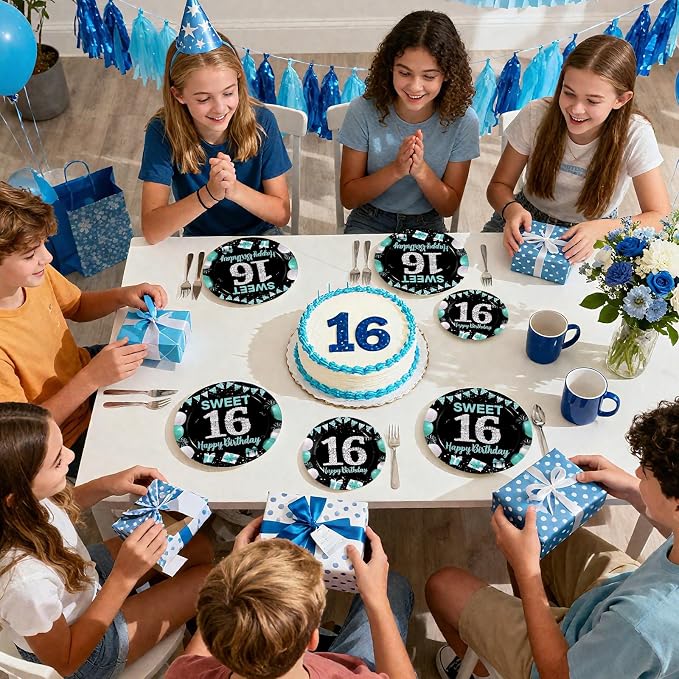 96Pcs 16th Birthday Party Supplies Teal Blue and Black Plates and Napkins Disposable Turquoise 16 Years Old Paper Tableware Set for Boys Girls 16th Birthday Graduation Party Decorations Serve 24