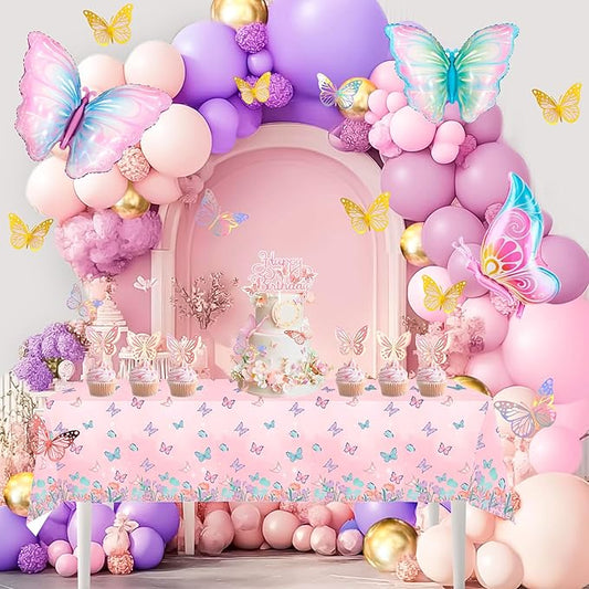 Butterfly Birthday Decorations, 106 Pcs Butterfly Birthday Party Supplies Butterfly Party Balloons Cake Toppers Tablecloth Butterfly Wall Decorations etc Butterfly Party Decorations