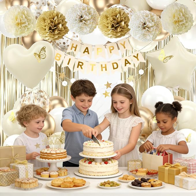 White Gold Birthday Decorations Beige Gold Balloons Happy Birthday Banner Cake Topper Fringe Curtain Paper Pom Poms Butterfly Sticker White Sand Star Heart Foil Neutral Boho Party Men Women