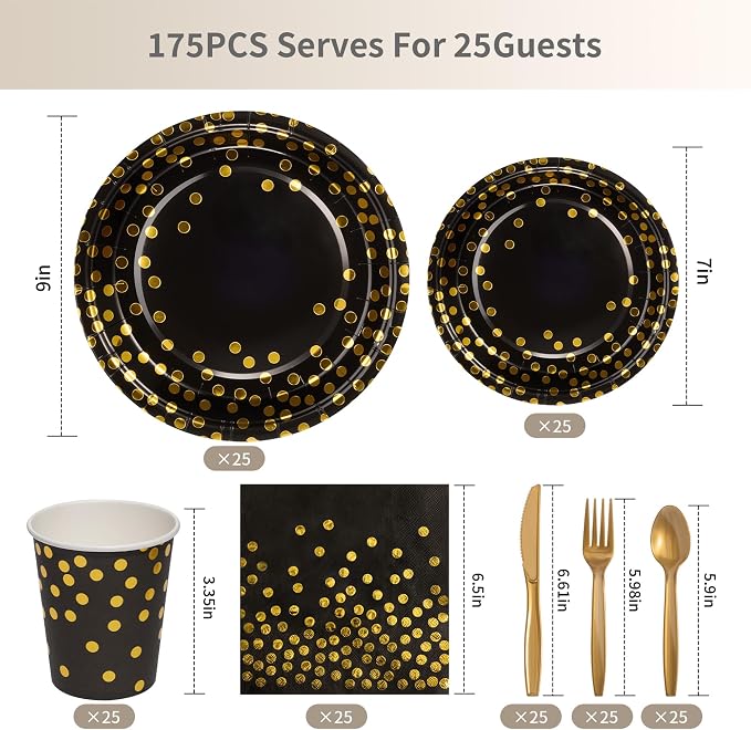 Goodlluck 175PCS Black Gold Foil Polka Dot Disposable Party Tableware Set, 25 Guests | 9" & 7" Golden Dot Disposable Paper Plates, 9oz Cups, Napkins & Gold Cutlery for Birthday, Glam Events