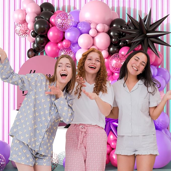 Hot Pink and Purple Balloon Arch Kit, Black Hot Pink Purple Balloons Garland Kit Latex Party Balloons with Confetti Balloon Star Balloons for Girls Birthday Party Baby Shower Party Decoration