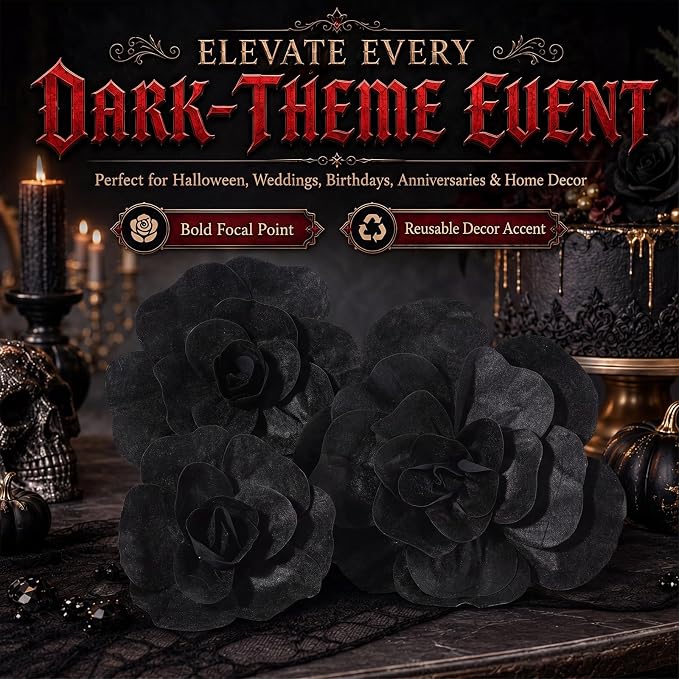 Norme 3 Pcs Giant Black Artificial Roses for Decoration 12 16 20 Inch Large Artificial Flowers Big Paper Flowers for Halloween Wedding Home Decor Anniversary Birthday Gothic Velvet Rose Bulk