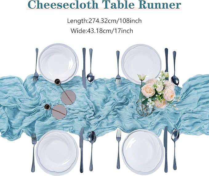 30 Pieces Light Blue Cheesecloth Table Runner, 17x108 Inch Long Boho Gauze Table Runner Rustic Decorations for Wedding Birthday Holiday Party Baby Shower Table Decor