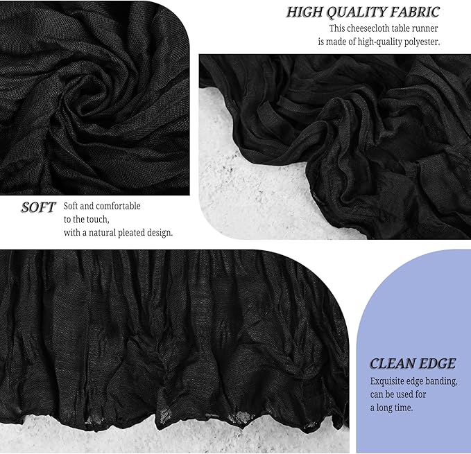 12 Pack Black Cheesecloth Table Runner 120 inch Fall Thanksgiving Boho Rustic Gauze Farmhouse 10FT Cheese Cloth Runner for Baby Shower Wedding Party Holiday Home Decor