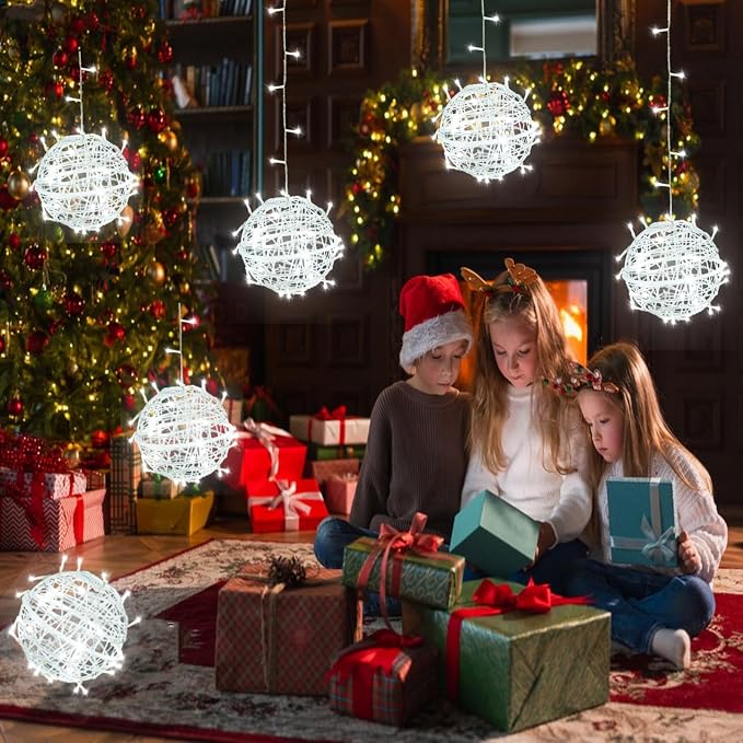 Outdoor Christmas Balls Lights 4 Pack Hanging 7.1" LED Garden Sphere Tree Lights 8 Modes Waterproof Glow Globe Light with Memory Timer Plug for Yard Porch Eave Patio Home Bedroom Decoration-Cool White