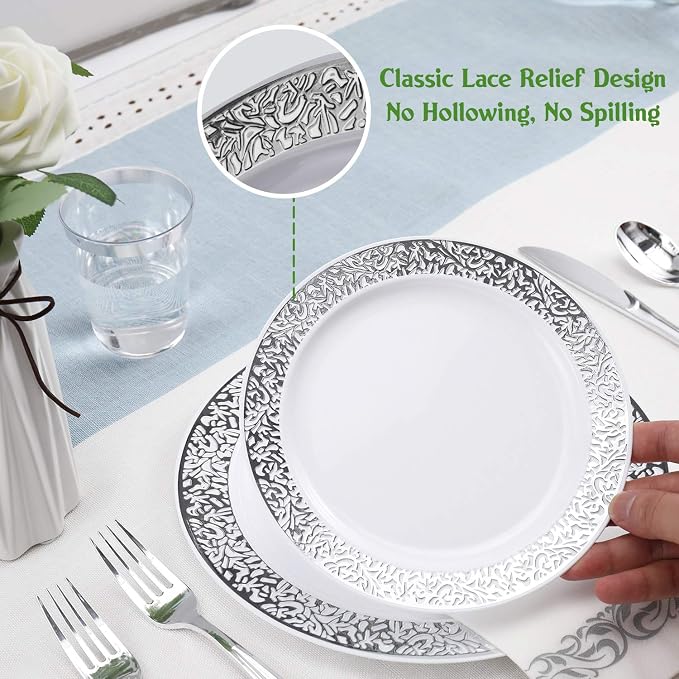 FOCUSLINE 350 Ct Silver Dinnerware Set for 50 Guests, Silver Lace Plastic Plates Disposable Heavy Duty, Including 50 Dinner & Dessert Plates, Cups, Napkins, Cutlery Set