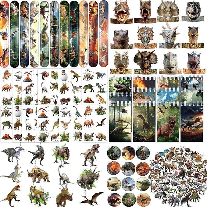 182 PCS Realistic Dinosaur Party Favors, Forest Dinosaur Dino Birthday Decorations with Prehistoric Dinosaur Notebook, Slap Bracelets, Stickers, Dinosaur Paper Headbands, Badge, Keychains and Tattoos