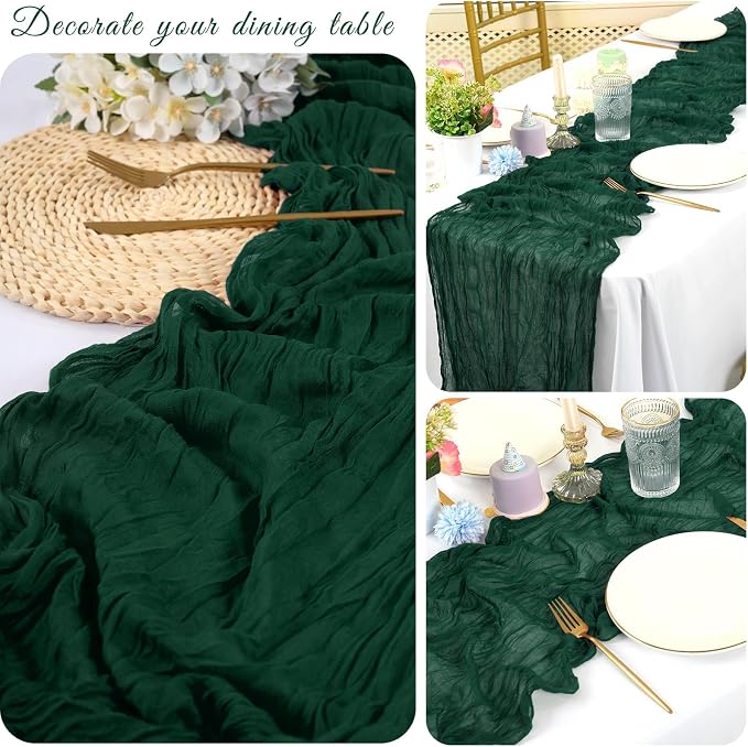 20 Pack Cheesecloth Table Runner 17 x 108 inch Long Boho Gauze Table Runners Semi Sheer Table Runner for Wedding Decor, Baby Shower, Birthday Party, Banquet (Emerald Green)