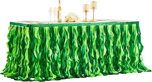 Wish Care 6ft Green Sequin Table Skirt for Rectangle Tables Curly Willow Hawaiian Grass Tutu Skirt Ruffle Table Cloth Desk Skirts for Birthday Baby Shower Jungle Luau Tropical Theme Party Table Decor