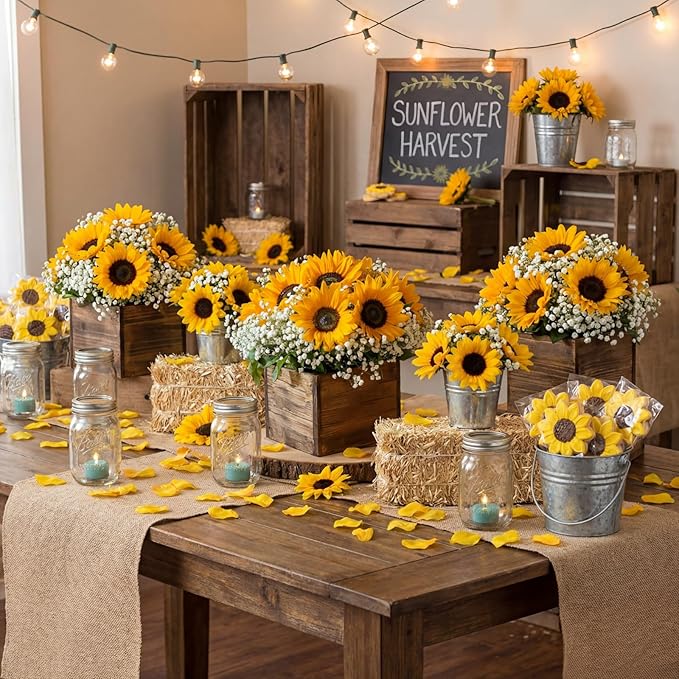 Suncalla 162 Pcs/6 Set Sunflower Centerpieces for Tables with Wood Box Farmhouse Babysbreath Centerpiece Vase Decor for Engagement Party Bridal Shower Centerpieces Wedding Reception Picnic Table Decor