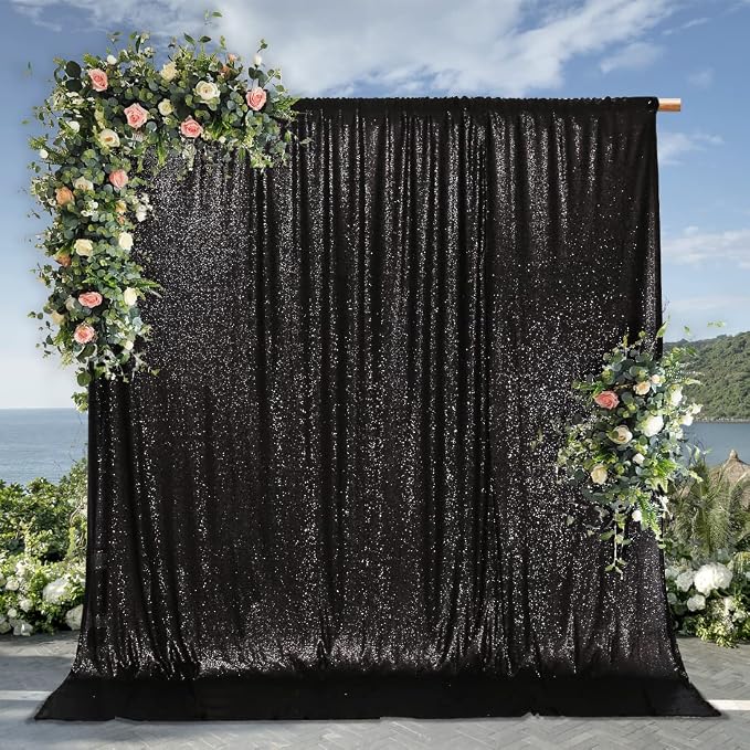 PartyDelight Black Sequin Backdrop 10x10ft 4 Inch Rod Pocket | Dense 3mm sequins on mesh backing with 4 inch rod pocket for large wedding walls group photos stages and reception displays