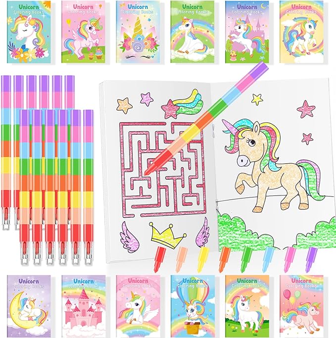 BenLouis 24 Unicorn Mini Coloring Books Kids with 24 Stacking Crayons Rainbow Party Favors Activity Books Bulk for Kids Unicorn Birthday Goodie Bag Gift Stuffer Classroom Reward