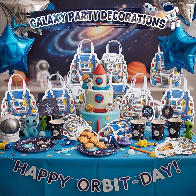 Locmeo 24 Pcs Space Party Favors Bags 11 Inch Astronaut Birthday Gift Bags Bulk Non Woven Reusable Tote Bag with Handle for Goodie Snack Treat Space Party Supplies Birthday Gift Decoration