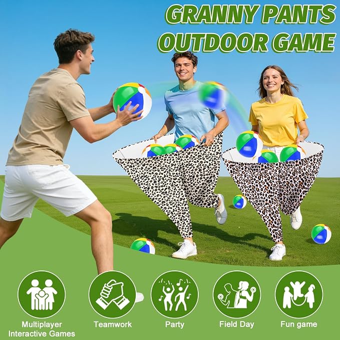 Granny Pants Outdoor Game, 2PCS Granny Pants Game with 8 Bouncy Balls & 1 Air Pump (Random Colors), Big Pants Beach Ball Game Granny Pants Yard Game for Adults and Family Group Activities