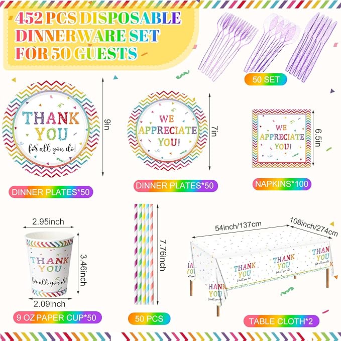 Funnymoom 452 Pcs Thank You Party Decorations for 50, We Appreciate You Paper Plates Napkins Cups Tablecloth Cutlery Straws for Employee Staff Housekeeping Week Pastor Appreciation Party Supplies