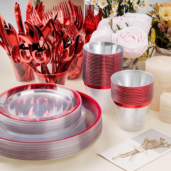 Beststar 350PCS Red and Clear Plastic Dinnerware Sets for 50 Guests, Include 100 Red Disposable Party Plates, 100 Forks, 50 Knives, 50 Spoons, 50 Cups,christmas party supplies