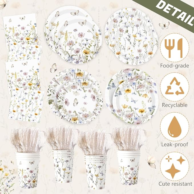 Ceenna 390 Pcs Wildflower Party Decorations for 48 Guests, Spring Floral Paper Plates Napkins Cups Tablecloth Cutlery Disposable Tableware Set for Flower Baby Shower Birthday Wedding Party Supplies
