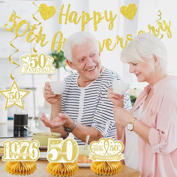 Holkcog White Gold 50th Anniversary Decorations, Gold Glitter Happy 50th hang Banner, Hanging Swirls,Honeycomb, Cheers to 50 Years Party Supplies，50 Years Anniversary Party Decorations