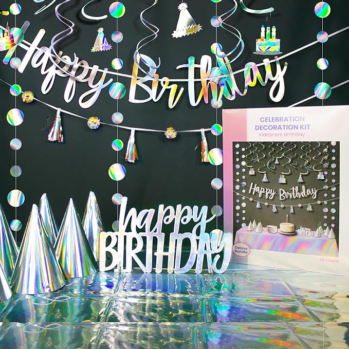 HonuGoGo 28-Piece Iridescent Birthday Party Decoration Kit – Happy Birthday Banner, Hanging Swirls, Garlands, Table Centerpiece, Tablecloth & Cone Hats for a Shimmering, Photo-Ready Celebration