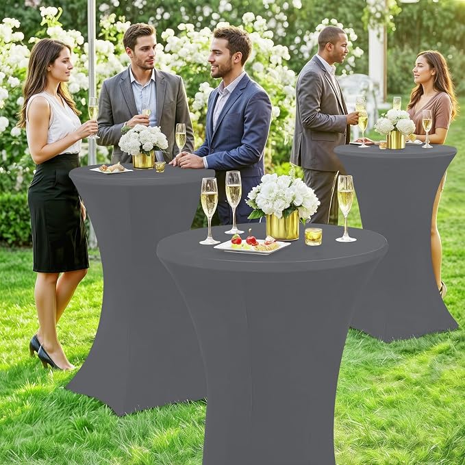 Moosfor Spandex Cocktail Table Covers 4 Pack, Elastic Fitted Stretch Table Cloth, Round High Top Tablecloths for Bar, Party, Pub, Wedding & Banquet (Dark Grey, 32x43 Inch)