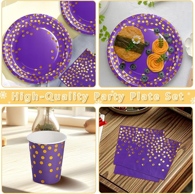 Nkaiso Paper Plates and Napkins Set, 193 Pieces Purple Gold Party Supplies Includes Paper Plates Cups Napkins Straws and Cutlery for Birthday Wedding Holidays Parties Decorations-24 Guests