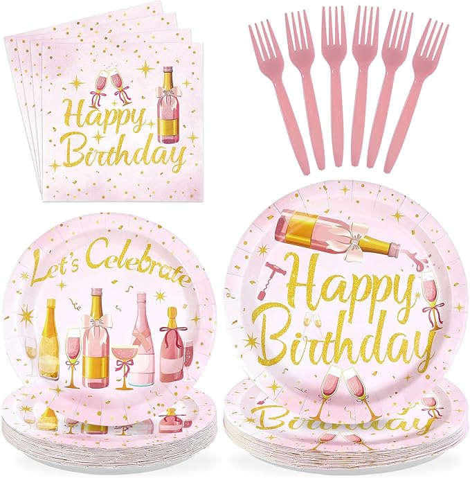 96Pcs Champagne Birthday Party Supplies Pink Rose Wine Theme Plates and Napkins Pink Rose Gold Glitter Beers Wine Tableware Set for Women 21 30 40 50 60 Years Birthday Party Supplies，Serves 24