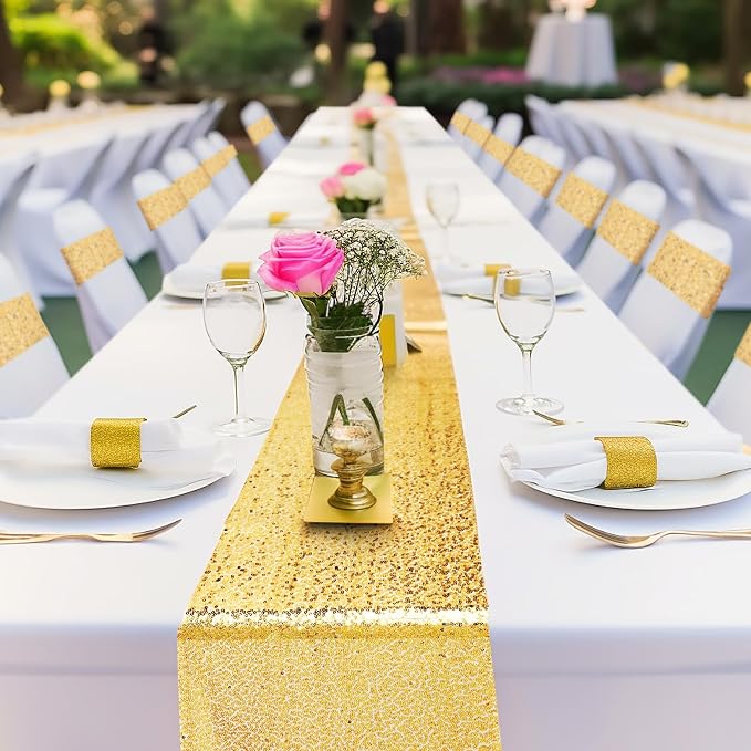 Newwiee 54 Pcs Gold Sequin Chair Sashes and Table Runners, 48 Sequin Chair Bows, 6 Glitter Table Runners for Birthday Party Wedding Banquet Holiday Decorations