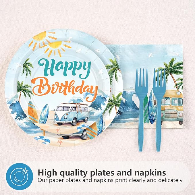 96Pcs Summer Surfing 2nd Birthday Party Decoration Totally Two Bular Plates and Napkins Vintage Surfing Birthday Tableware Set for Boys Summer Swimming Pool Hawaii Party Supplies, Serves 24