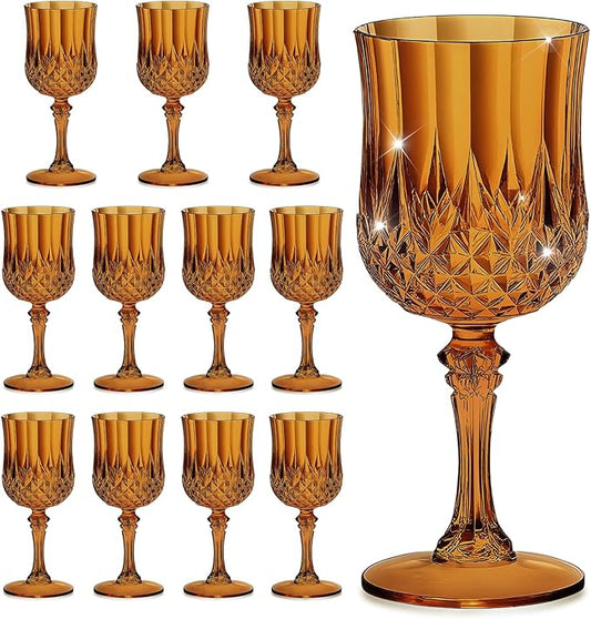 7OZ Plastic Wine Glasses, Reusable Vintage Goblets Unbreakable Drinking Glasses Crystal Water Cups Champagne for Wedding, Parties (12, Amber)