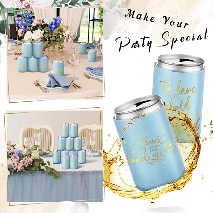 Qinyoung 50 Pieces Light Blue Wedding Can Cooler Sleeves Bulk Engagement Party Favors for Guests Cheers to Love Laughter and Happily Ever After Rehearsal Dinner Decorations for Wedding Bridal