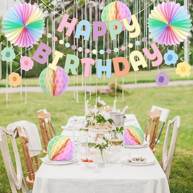 Pastel Birthday Decorations，Macaron Happy Birthday Banner， Pastel Honeycomb Balls, Flower Swirls, Garland, Hanging Paper Fans Decoration for Easter Party