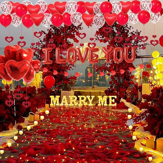 Marry Me Light Up Letters Proposal Decorations, 7Pcs 8.5" Marry Me Sign, 24Pcs Flameless Candles 2000Pcs Red Fake Rose Petals 8Pcs I Love You Letter Balloons 55Pcs Latex Heart Balloon Valentine's Day