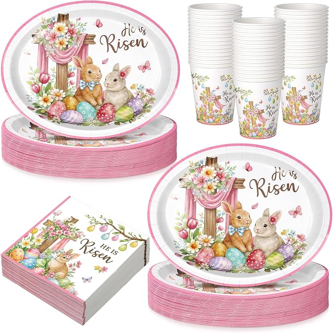 Vesici 150 Pcs He is Risen Oval Paper Plates and Napkins Christian Easter Tableware Set 10'' x 12'' Large Disposable Heavy Duty Religious Easter Plates Cross Paper Cups Napkin for Jesus Party Supplies