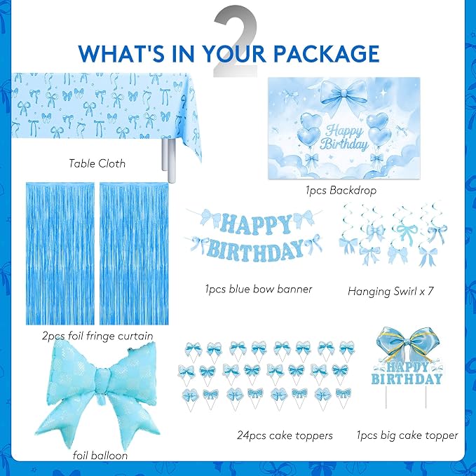 189pcs Blue Bow Coquette Birthday Decorations Soft Blue Aesthetic Party Set with Banner Backdrop Foil Balloons Table Cloth Fringe Curtain Hanging Swirls Cake Topper, Dreamy Romantic Decor Supplies