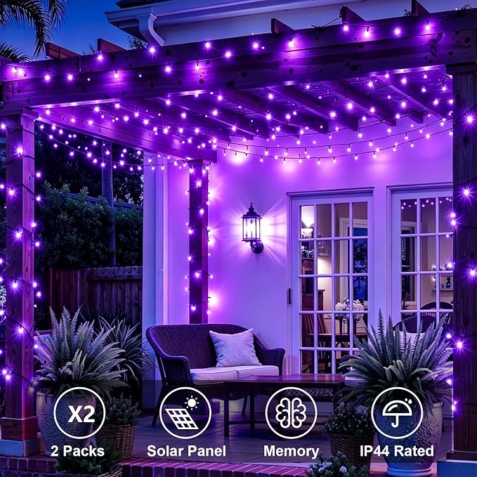 QITONG Purple Solar String Lights, 2 Pack Each 33ft 100 LED Solar Christmas Fairy Lights Outdoor Waterproof, 8 Modes Green Wire Twinkle Lights for Outside