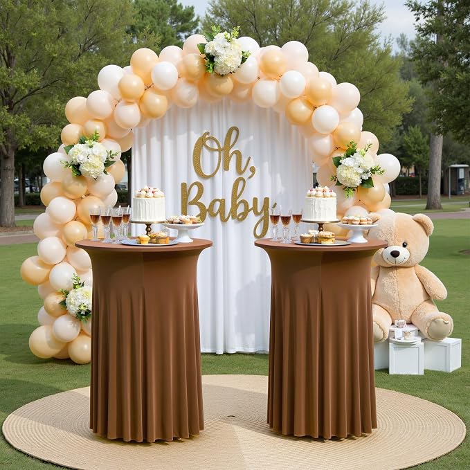 2 pk Brown Cocktail Table Cloth Round 32×43in-High Top Highboy Bar Coffee Cocktail Tablecloths-Wrinkle Free Stretchy Fitted Spandex Table Covers with Ruffle Desk Skirt for Wedding Banquet Party Tables