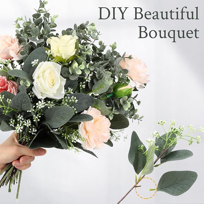 Janinka Mixed Eucalyptus Leaves Stems Bulk with White Seeds Artificial Silver Dollar Leaves Sprays Faux Oval for Wreath Garland Floral Bouquets Arrangement Wedding Greenery Decoration (40)