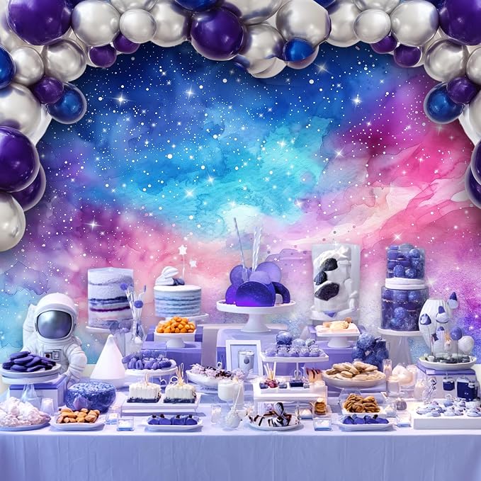 Space Galaxy Backdrop Pink Purple Outer Starry Sky Watercolor Romantic Universe Nebula Planet Night Star Photography Background Decoration for Kids Birthday Fabric Photo Shoot Studio Props