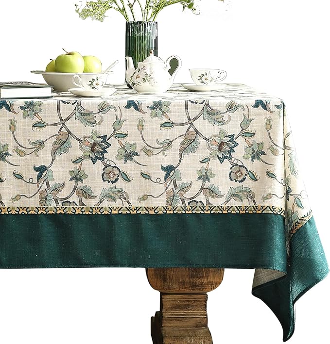 patdrea Vintage French Linen Tablecloth,Rectangular,87"x63"-Noah | Heavyweight Floral Table Cloth for Rectangle Table,Botanical Green Pattern,for Dining Room Tea Party Thanksgiving