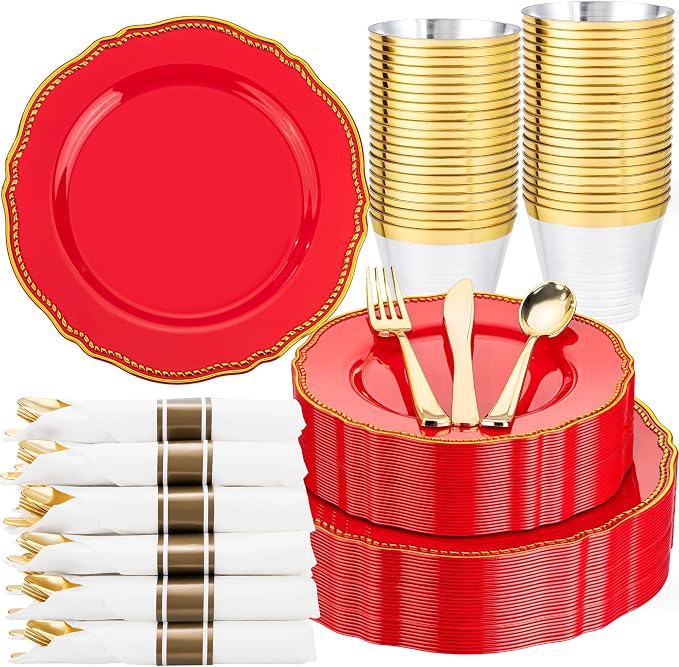 Hioasis 175pcs Red Gold Plastic Plates - Red Plastic Dinnerware Set Includes 25 Dinner Plates, 25 Dessert Dinnerware, 25 Cups, 25 Pre-rolled Napkins Perfect for Wedding & Party