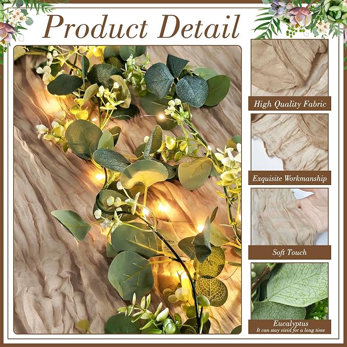 Cinrobiye 11pcs Cheesecloth Table Runner Set 120 Inch – Gauze Table Runner with Napkins, Eucalyptus Garland & String Lights for Wedding Baby Shower Table Decor, Rustic Boho