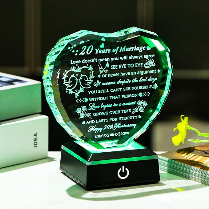 Arikyrist 20th Wedding Anniversary Crystal Heart Gifts for Couples, Laser Engraved Romantic 20 Year Anniversary Crystal Keepsake Gifts for Wife Husband, 20 Years of Marriage Gift for Her Him Friends