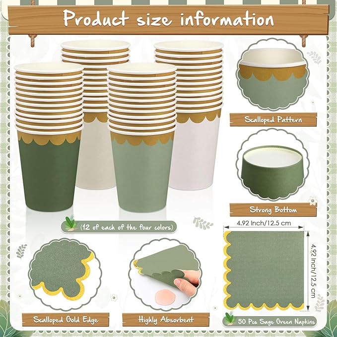 Mimorou 342 Pcs Sage Green Party Supplies Green Tableware Paper Disposable Plates Napkins Cups Plastic Tablecloth Sage Golden Triangle Banner for Wedding Bachelorette Birthday