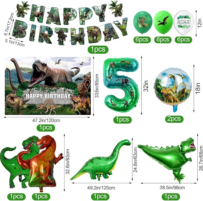 Dinosaur Birthday Decorations,Dino Theme Party Supplies&Decorations,Dinosaur 5th Birthday Party Supplies Include Banner, Backdrop, Tableware Set, Tablecloth, Cake Toppers, Balloons