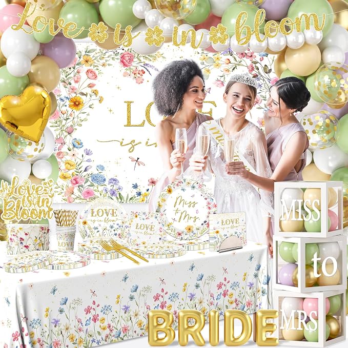 Love is in Bloom Bridal Shower Decorations - 233Pcs Miss to Mrs Tableware and Balloon Arch Garland Set, Floral Themed Wedding Shower Decorations