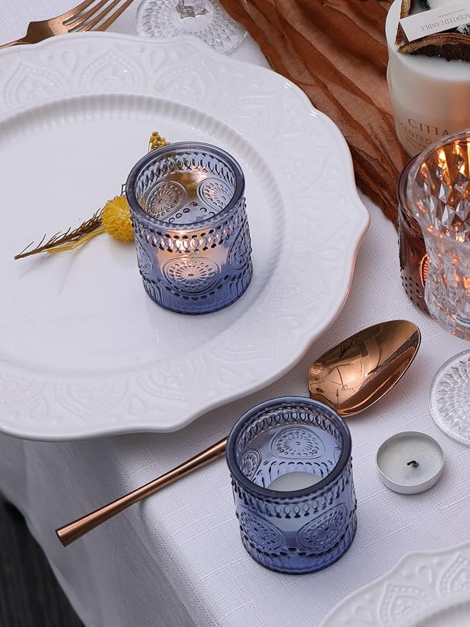 DEVI 24pcs Navy Blue Votive Candle Holders for Table Centerpieces, Blue Tealight Candle Holder for Bridal Shower Decorations, Boho Wedding Decorations for Home Party, Blue Sunflower Decor